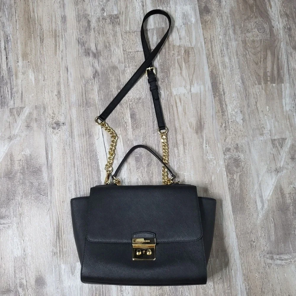 Michael Kors Brandi Medium Satchel Black Saffiano Leather Crossbody Gold Chain